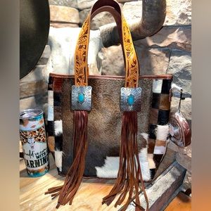 Concho Fringe Cowhide Patchwork Conceal Carry Purse